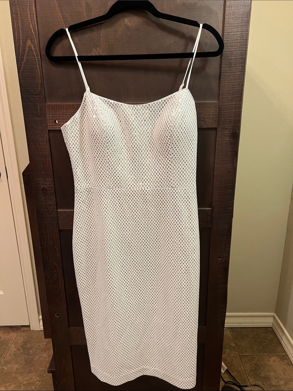 White and Silver  Sequin Spaghetti-Strap Midi Dress